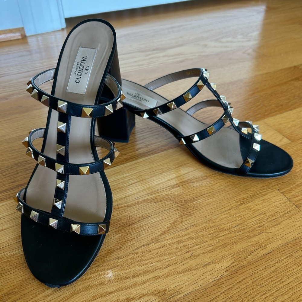 VALENTINO Black Rockstud Heels Sandals Slides Size 40